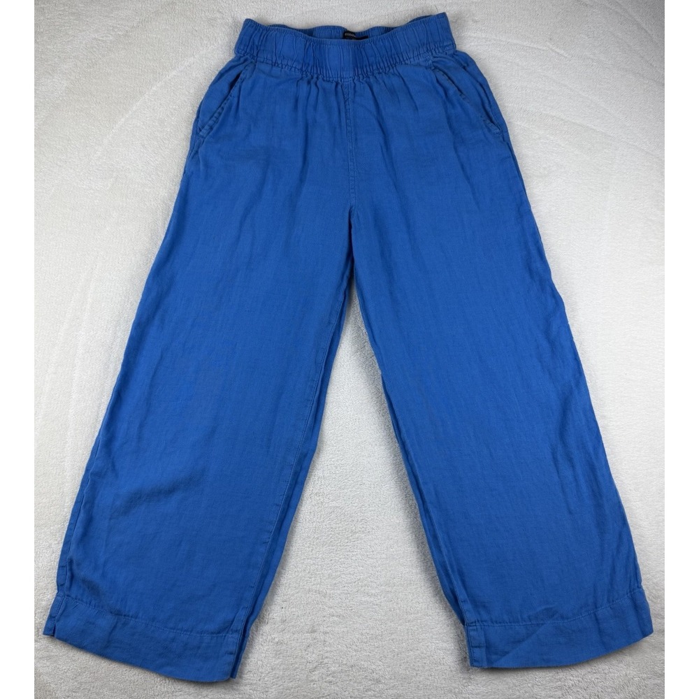 TAHARI ESSENTIALS Women's Wide Leg 100% LINEN Blue Elastic Waist Pants Small